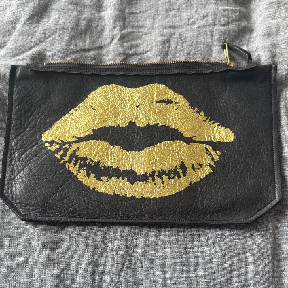 Black and Gold Soft Leather Lip Print Clutch